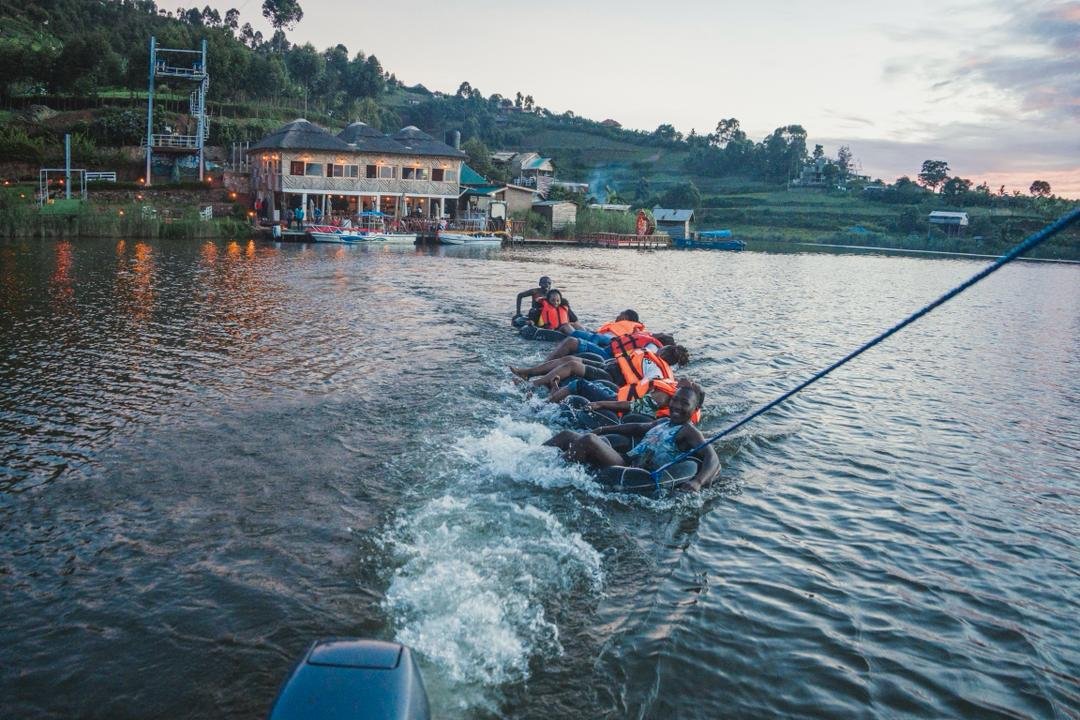 Tubing across the waters of Bunyonyi